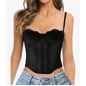 RAXNODE Black Lace Corset Top Hook Eye Front Mesh Bustier Adjustable Straps NWT